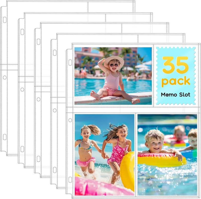 Fabmaker 35-Pack 4x6 Clear Photo Sleeves for 3 Ring Binder - 210 Photo Acid Free Plastic Archival Protector Refill Pages for 8.5x11 - Image 1